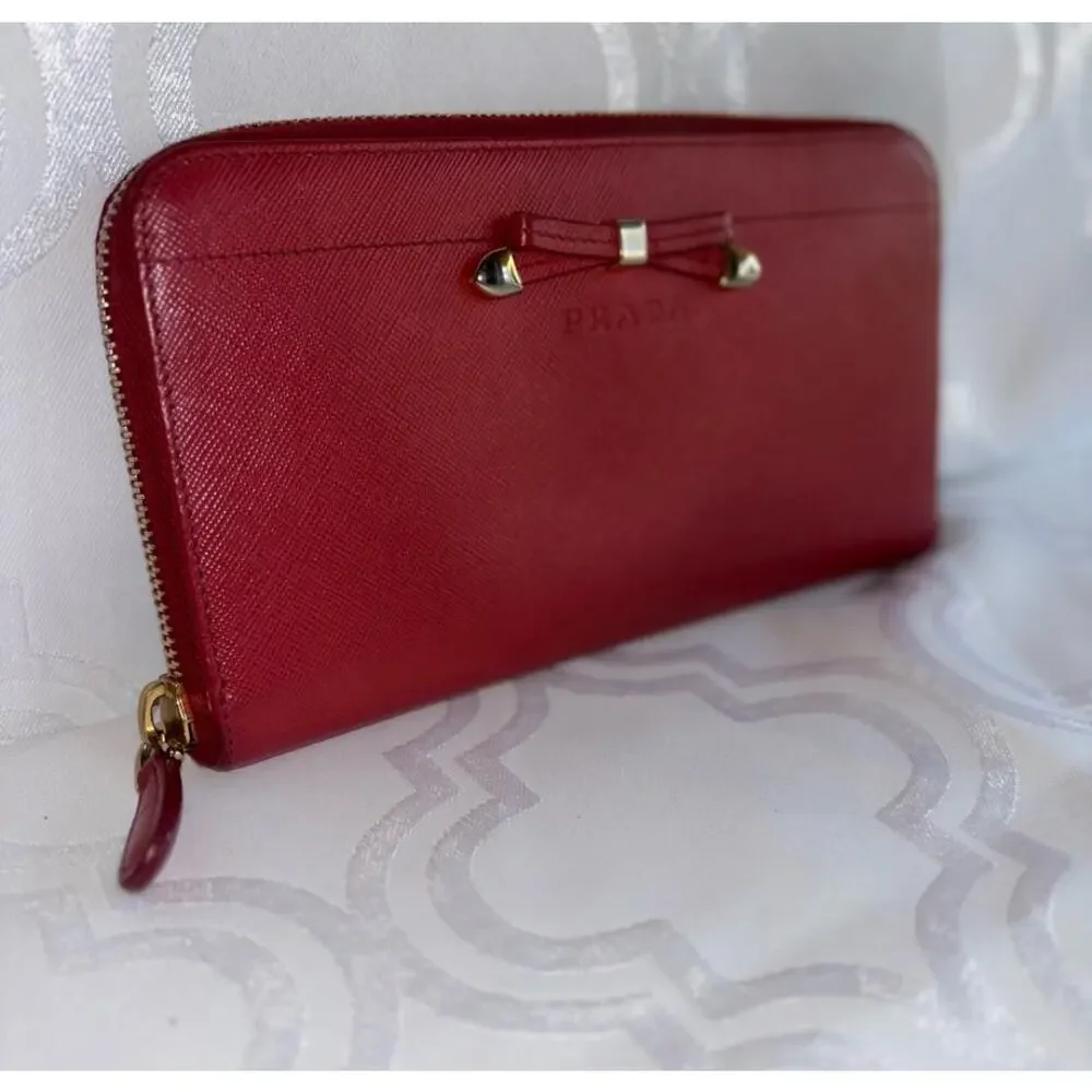 Prada Milano Red Saffiano Leather Bow Zip Around Wallet Quiet Luxury Designer